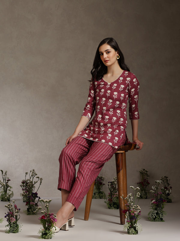 Floral Printed V-Neck Cotton Cord Set