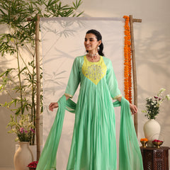 Khushal K Women Cotton Kurta and Palazzo With Dupatta Set - Green