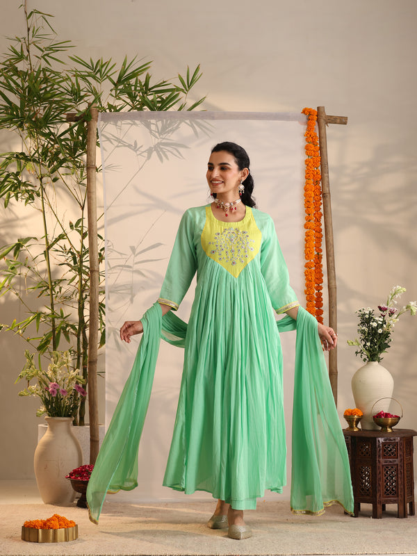 Khushal K Women Cotton Kurta and Palazzo With Dupatta Set - Green