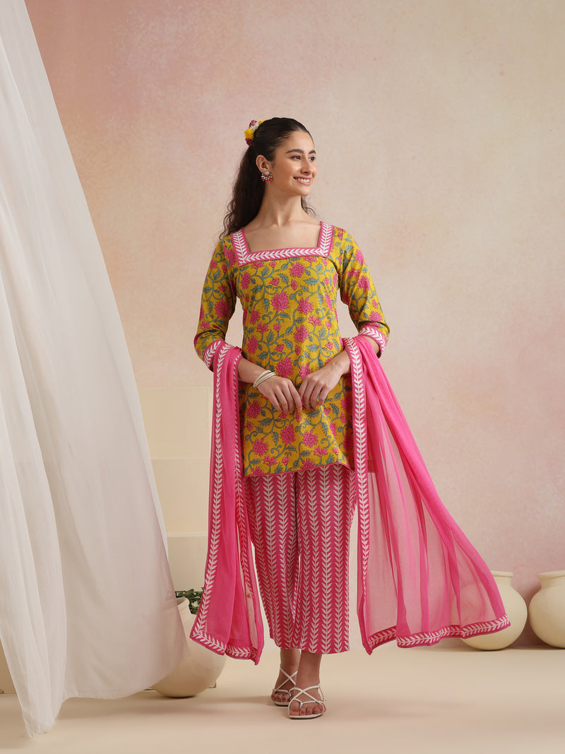 Khushal K Women Cotton Kurta Palazzo Dupatta Set - Yellow