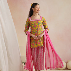 Khushal K Women Cotton Kurta Palazzo Dupatta Set - Yellow