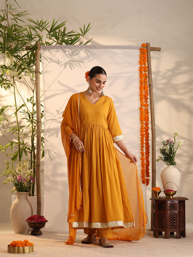 Khushal K Women Cotton Kurta and Palazzo With Dupatta Set - Mustard