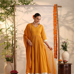 Khushal K Women Cotton Kurta and Palazzo With Dupatta Set - Mustard