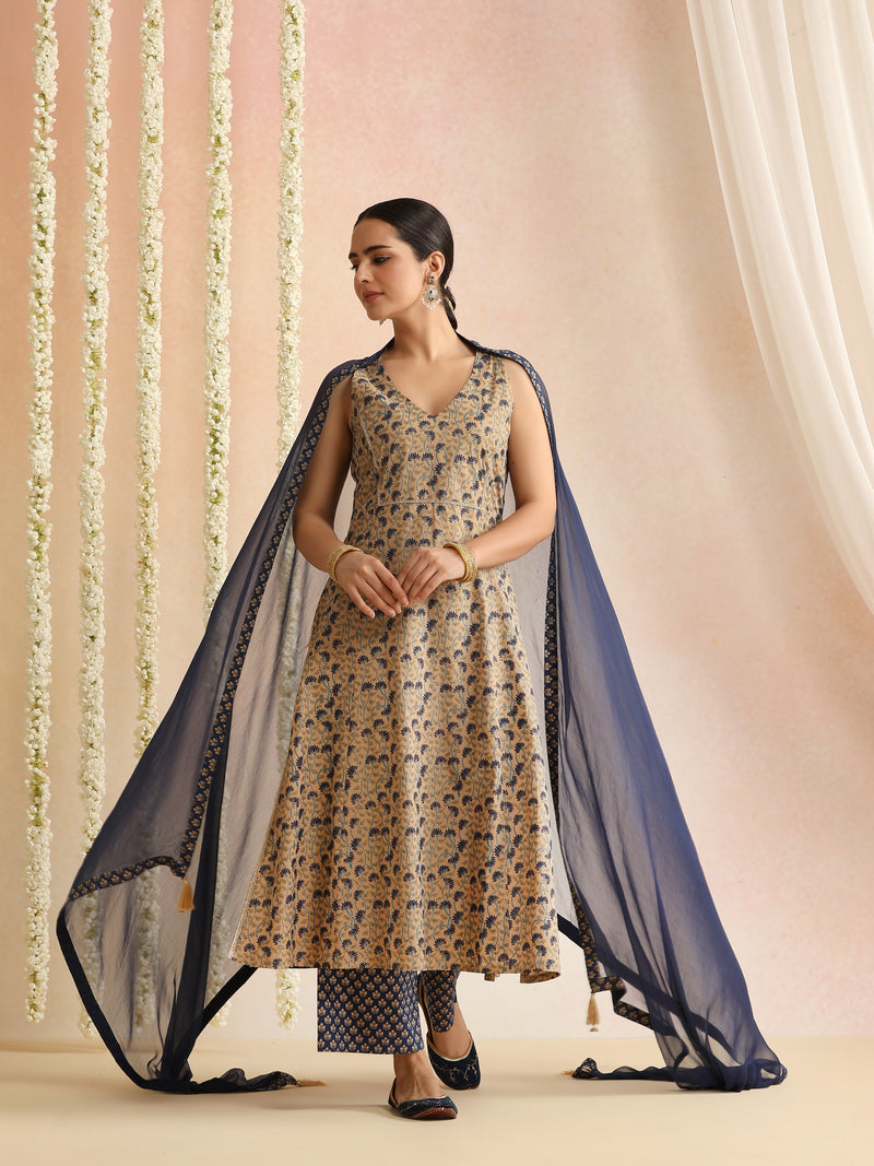 Beige & Navy Blue Printed Kurta with Palazzos & Dupatta Set
