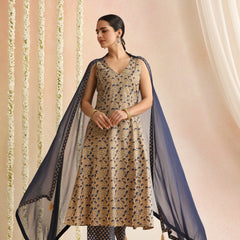 Beige & Navy Blue Printed Kurta with Palazzos & Dupatta Set