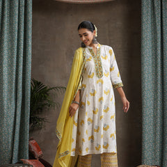 Floral Printed Pure Cotton Straight Kurta With Palazzos And Dupatta