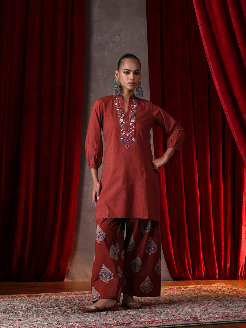 Khushal K Women Cotton kurta and Farsi salwar set - Rust