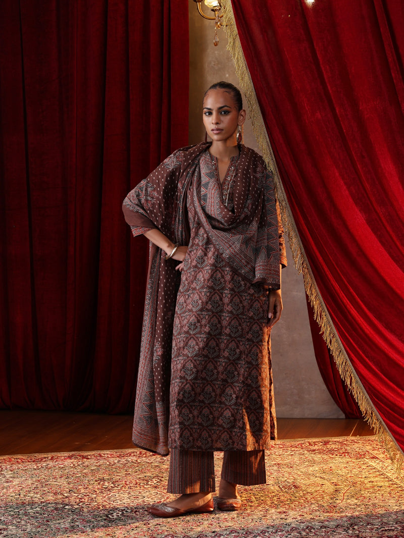 Khushal K Women Cotton kurta and palazzo with dupatta set - Brown