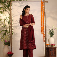 Khushal K Women Cotton kurta and palazzo with dupatta set - Maroon
