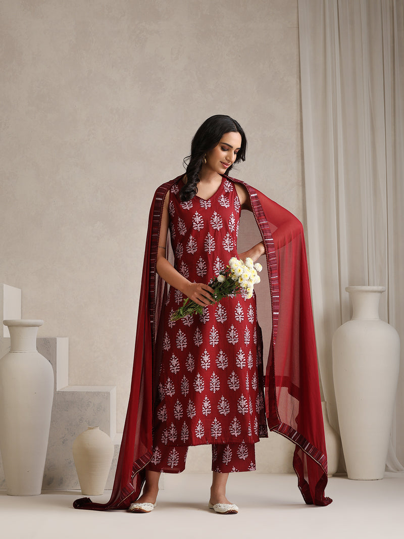 Khushal K Floral Printed V-Neck Pure Cotton Kurta set