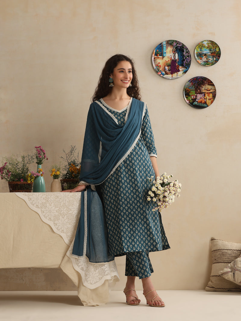 Khushal K Women Floral Printed Regular Pure Cotton Kurta & Palazzo With Dupatta