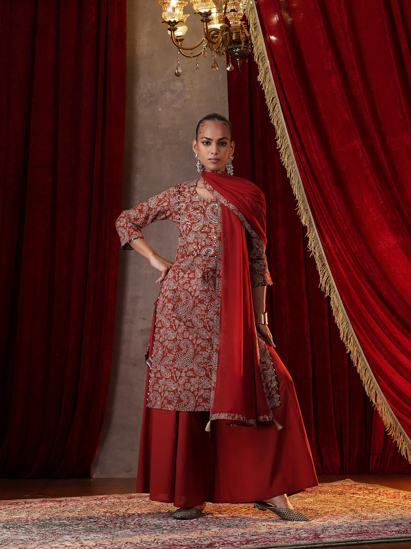 Khushal K Women Cotton kurta and palazzo with dupatta set - Rust