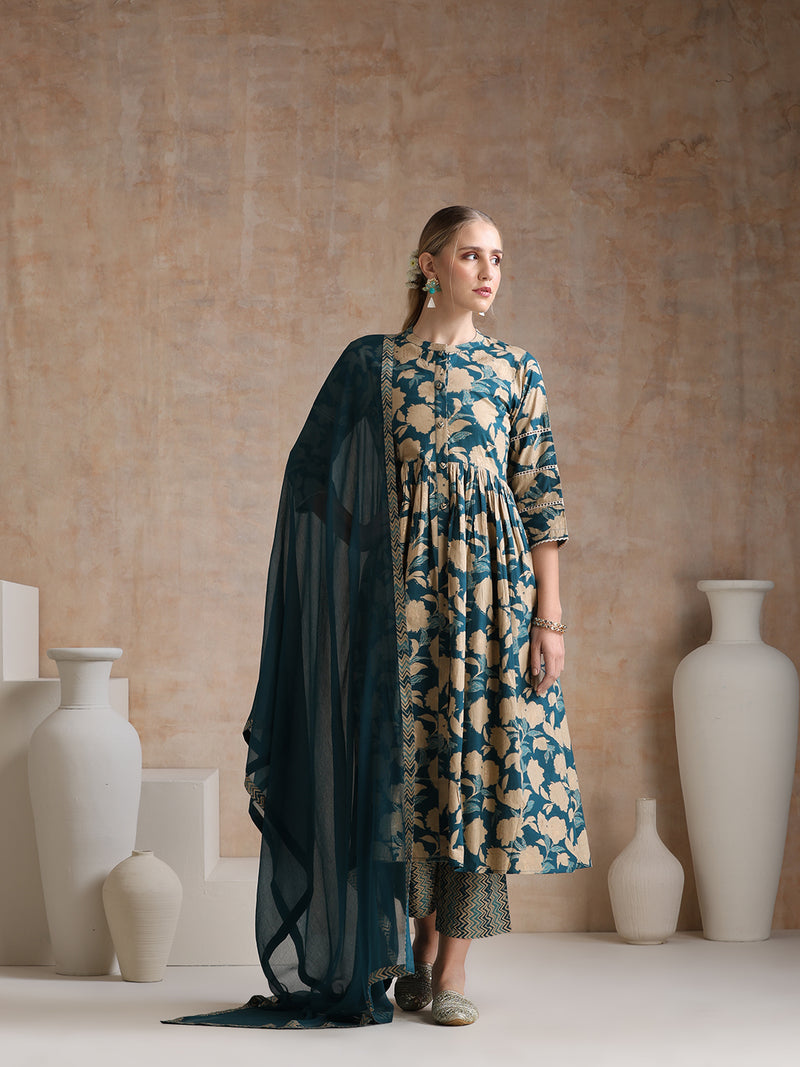 Women Floral Printed Regular Pure Cotton Kurta with Palazzos & With Dupatta