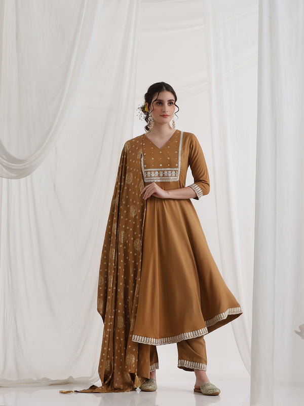Khushal K Ethnic Motifs Brown  Anarkali Sequinned Kurta set