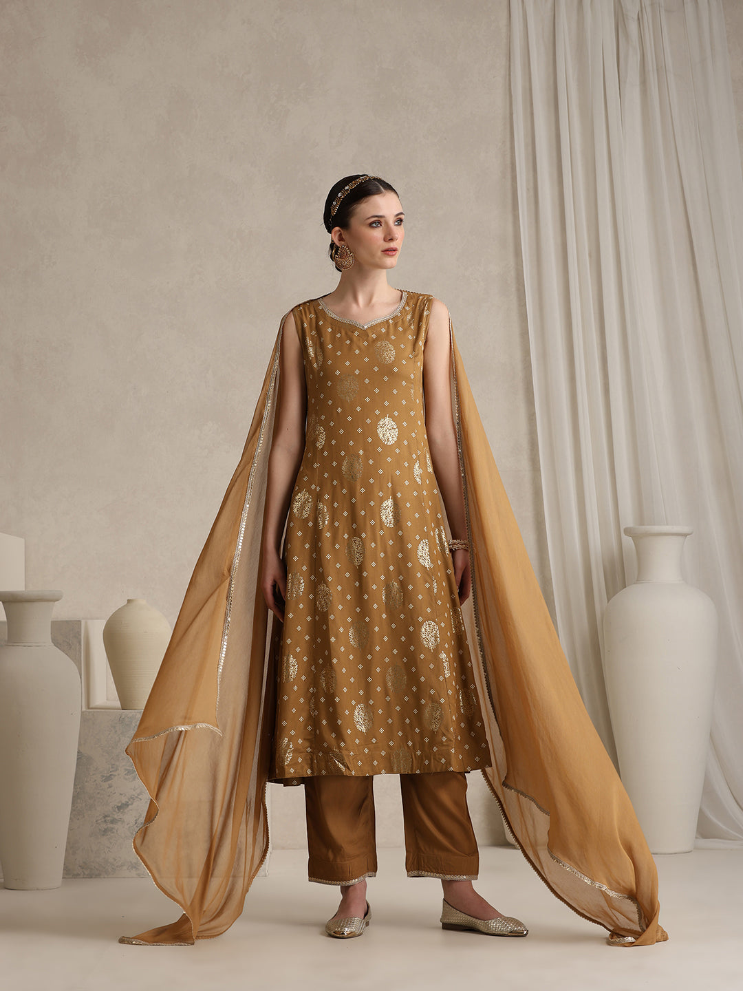 Embroidered Panelled Anarkali Kurta With Trouser & Dupatta