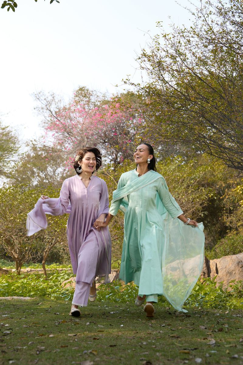 Khushal K Women Cotton Kurta and Palazzo With Dupatta Set - Lavender