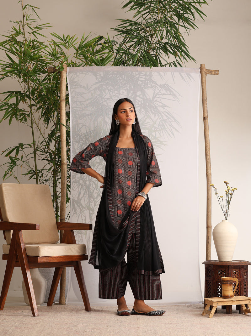 Khushal K Women Cotton kurti and Farshi Salwar with dupatta set - Black