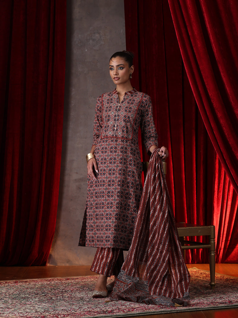 Khushal K Women Cotton kurta and palazzo with dupatta set - Rust