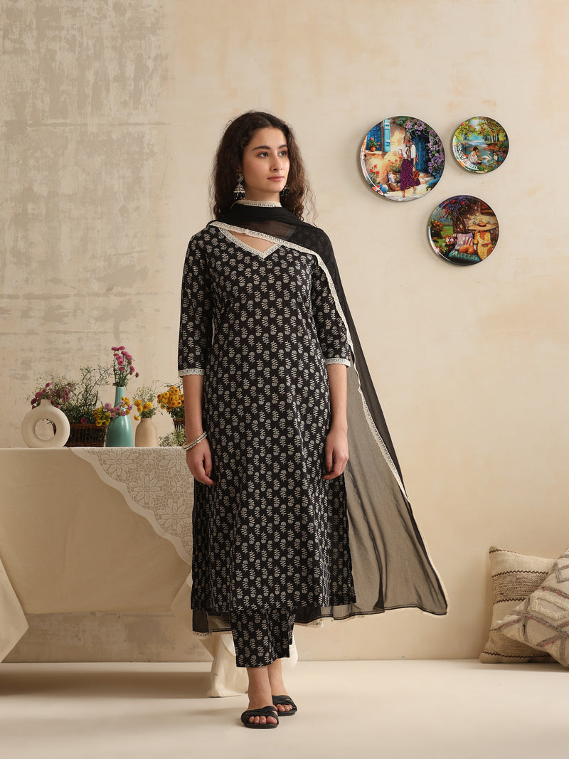 Khushal K Women Floral Printed Regular Pure Cotton Black Kurta & Palazzo With Dupatta