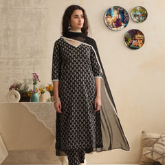 Khushal K Women Floral Printed Regular Pure Cotton Black Kurta & Palazzo With Dupatta