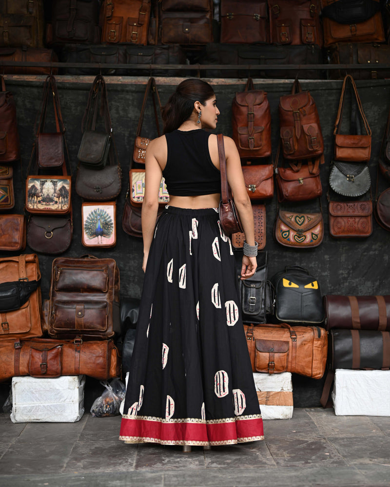 Khushal K Women's Black Printed Cotton Flared Maxi Skirt