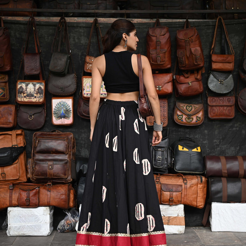 Khushal K Women's Black Printed Cotton Flared Maxi Skirt