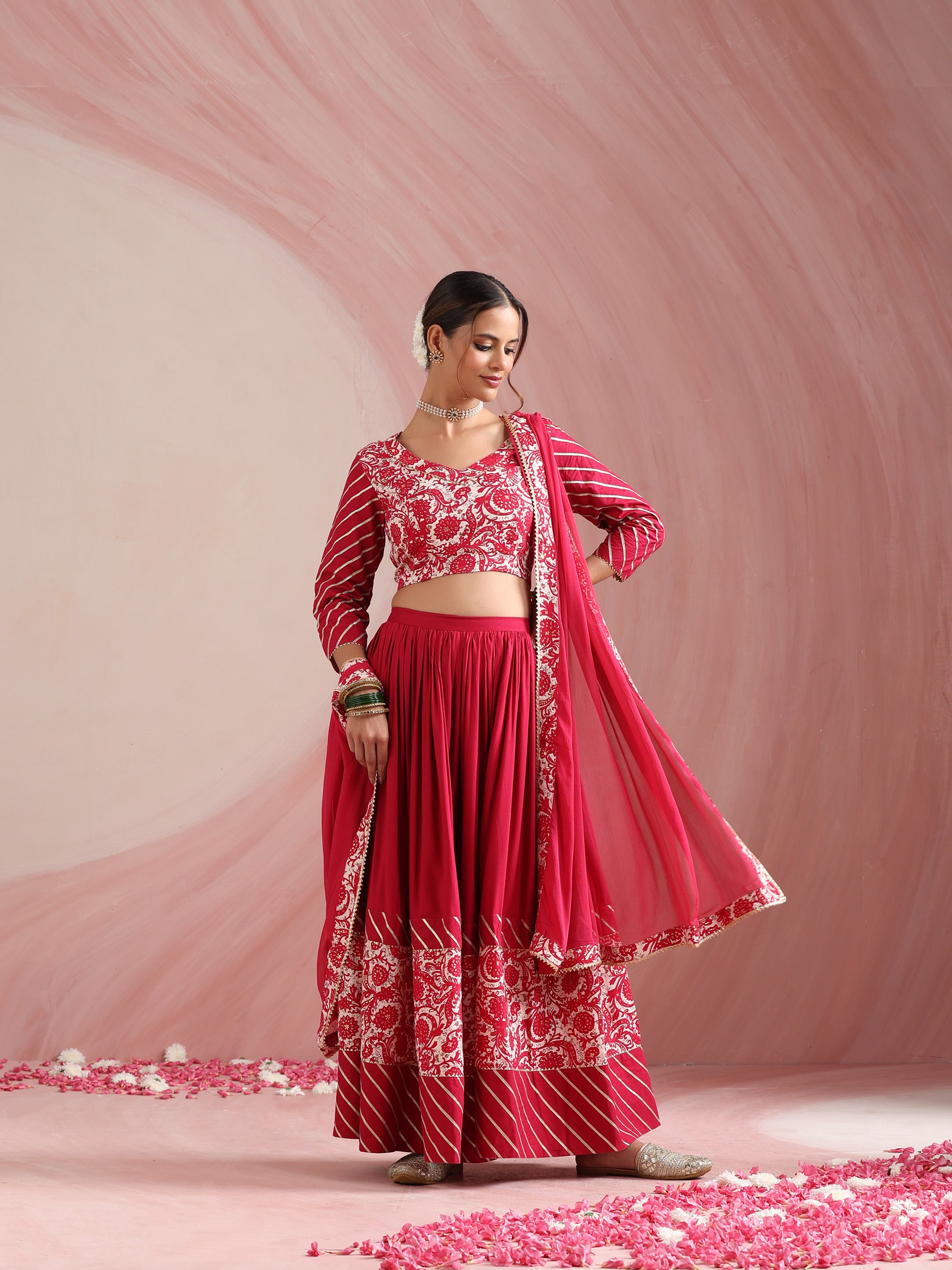 Pink Floral Printed Gotta Patti Ready to Wear Lehenga & Choli With Dupatta