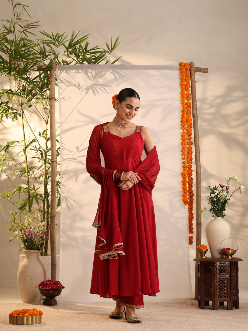 Khushal K Women Cotton Kurta and Palazzo With Dupatta Set - Maroon