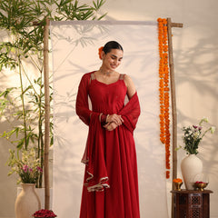 Khushal K Women Cotton Kurta and Palazzo With Dupatta Set - Maroon
