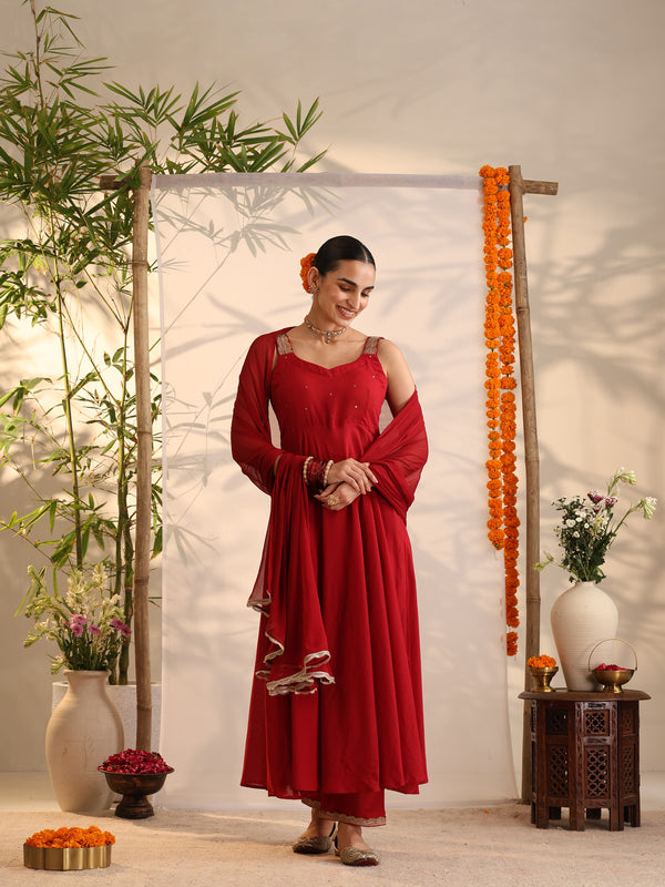 Khushal K Women Cotton Kurta and Palazzo With Dupatta Set - Maroon