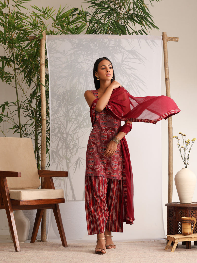 Khushal K Women Cotton kurti and Farshi Salwar with dupatta set - Maroon