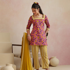 Khushal K Women Cotton Kurta Palazzo Dupatta Set - Pink