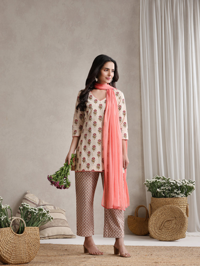 Khushal K Floral Printed V-Neck Pure Cotton Kurta set