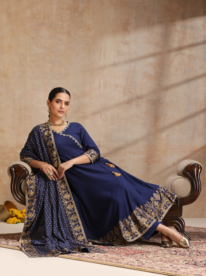 Women’s Ethnic Embroidered Angrakha Kurta Set with Trousers and Dupatta