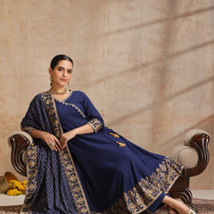 Women’s Ethnic Embroidered Angrakha Kurta Set with Trousers and Dupatta