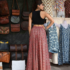 Khushal K Women's Maroon Printed Cotton Flared Maxi Skirt