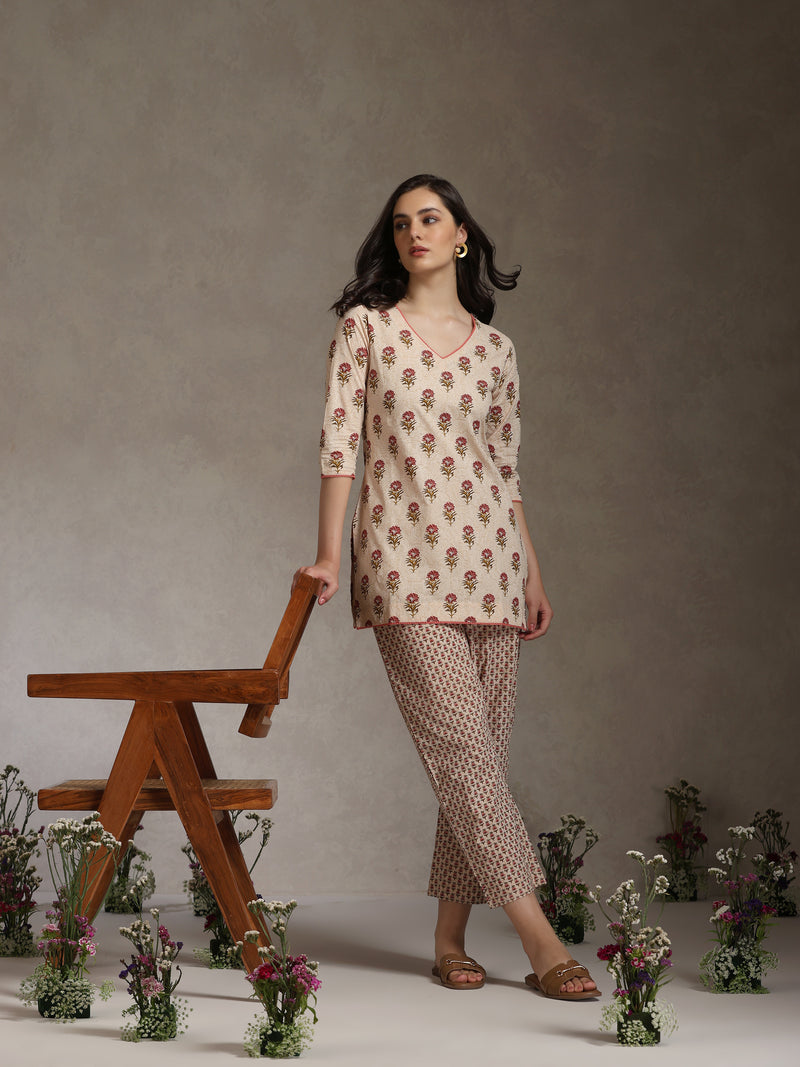 Floral Printed Cotton V-Neck Tunic With Trouser Co-Ords