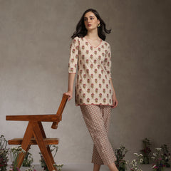 Floral Printed Cotton V-Neck Tunic With Trouser Co-Ords