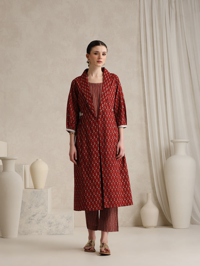 Rust Handblock Printed Cotton Co-ord Set with Jacket