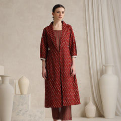 Rust Handblock Printed Cotton Co-ord Set with Jacket