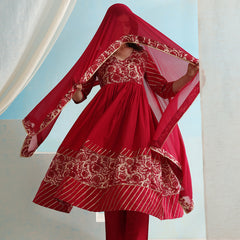 Floral Printed V-Neck Anarkali Kurta with Palazzos & Dupatta