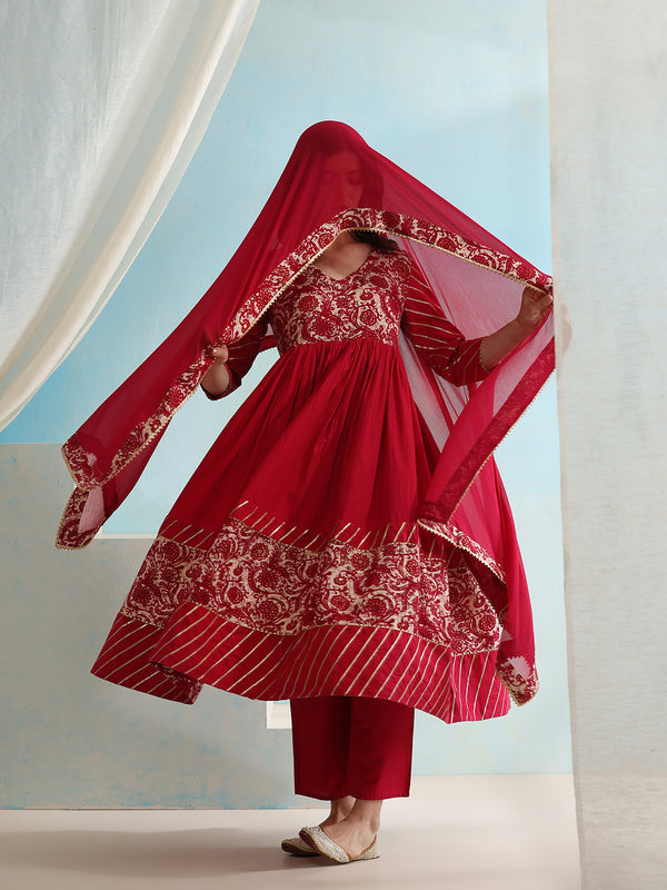 Floral Printed V-Neck Anarkali Kurta with Palazzos & Dupatta