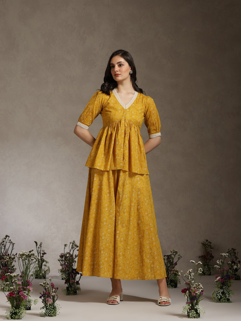 Yellow Printed Co-Ord Set with Lace Detil