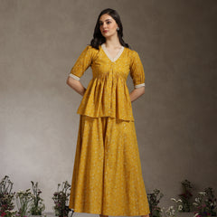 Yellow Printed Co-Ord Set with Lace Detil