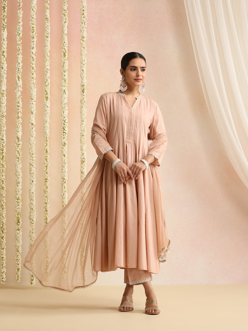 Khushal K Women Cotton Kurta and Palazzo With Dupatta Set - Peach