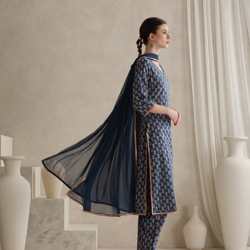 Floral Printed V-Neck Pure Cotton Kurta with Palazzos and Dupatta - Blue - Khushal K - Image 7
