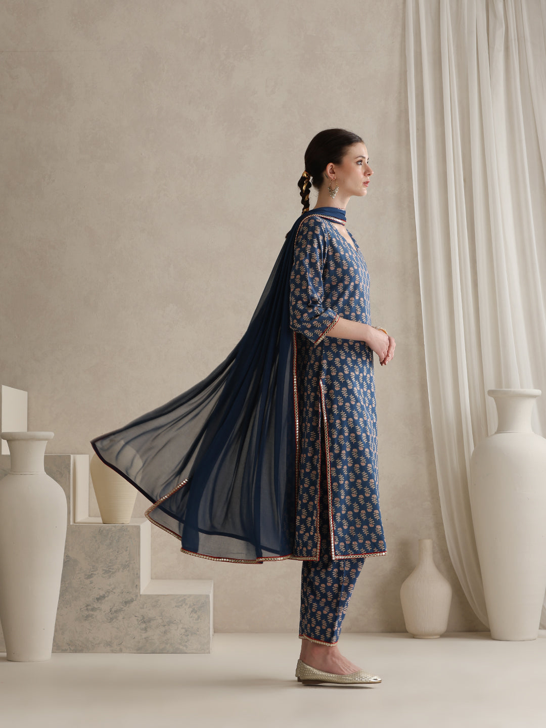 Floral Printed V-Neck Pure Cotton Kurta With Palazzos And Dupatta