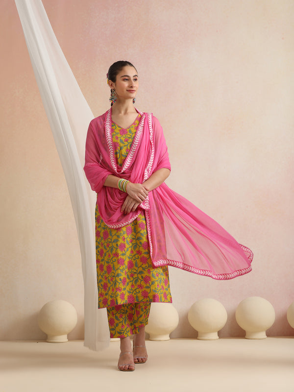 Khushal K Women Cotton Kurta Palazzo Dupatta Set - Yellow