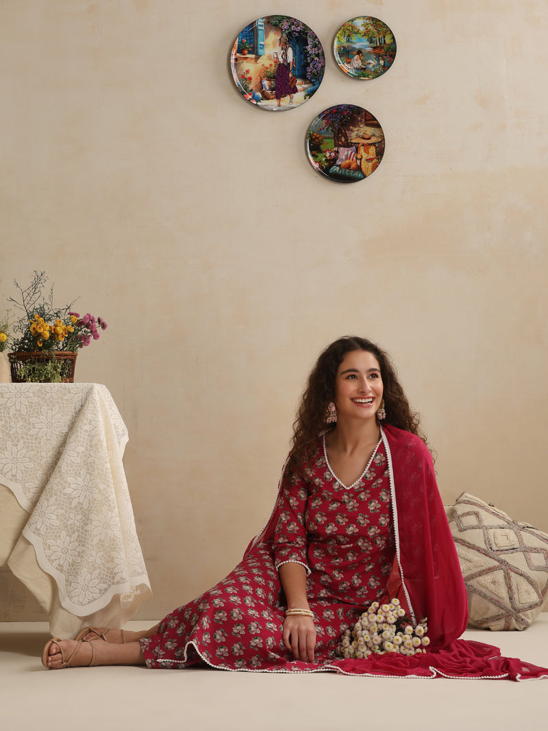 Khushal K Women Pink Floral Printed Regular Pure Cotton Kurta & Palazzo With Dupatta