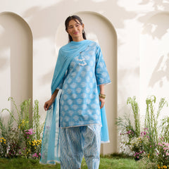 Khushal K Women Cotton Kurti And Farshi Salwar  With Dupatta Set - Blue